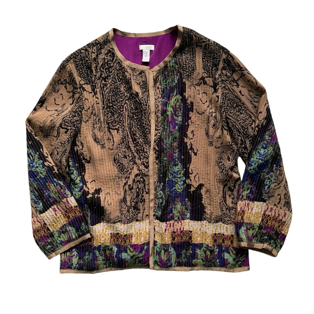 Chicos Pleated Stitch Paisley Floral Open Front Jacket Cardigan Tan Black Large